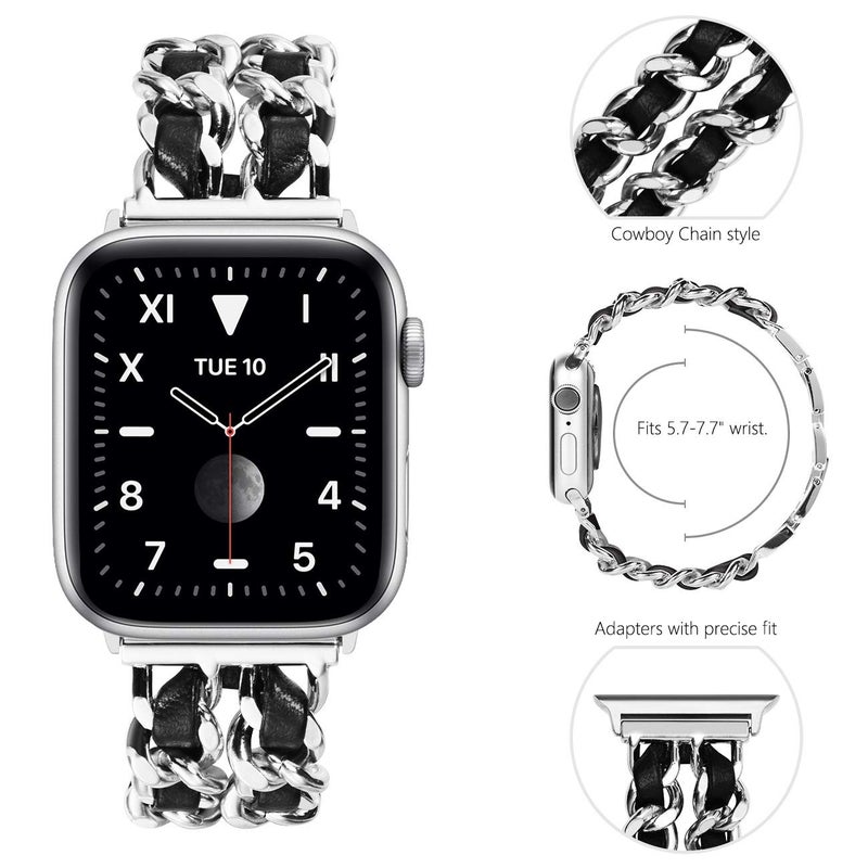 NewWays for Apple Watch Band Series 10 42mm 41mm 40mm 38mm Series9 8 7 SE 6 5 4 3, Jewelry Bracelet for iWatch Band for Women, Silver Link with Black Leather - Image 2